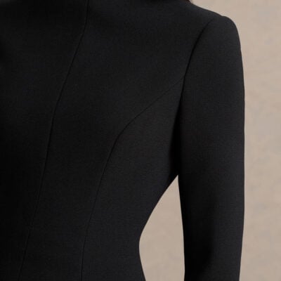 Club L London Pepita Black High-Neck Tailored Maxi Dress With Drop-Waist And Satin Skirt