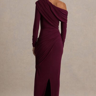 Club L London Perrie Burgundy Asymmetric-Neck Maxi Dress With Ruched Detailing