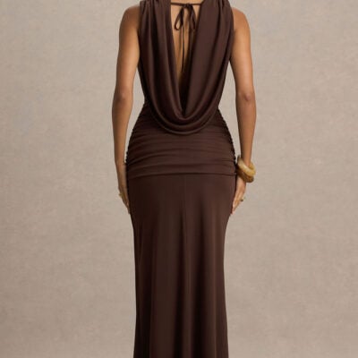 Club L London Serafina Chocolate Extreme-Plunge Neck Maxi Dress With Wrap And Ruched Details