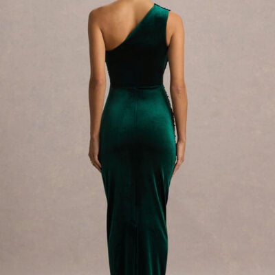 Club L London Treat Bottle Green Velvet Asymmetric-Neck Maxi Dress With Ruched Detailing
