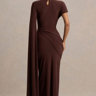 Club L London Tropic Brown High-Neck Maxi With Long Cape Sleeve