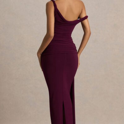 Club L London Tulisa Burgundy Asymmetric-Neck Maxi Dress With Twist Sleeves And Ruched Detailing