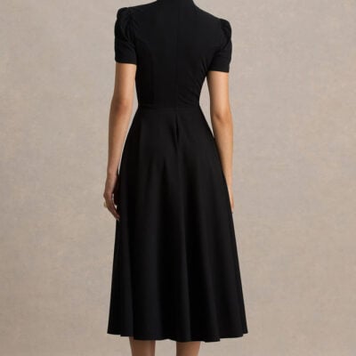 Club L London Vicky Black High Neck Midi Dress With Puff Sleeves