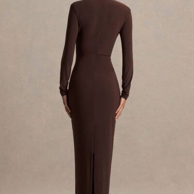 Club L London Zadie Brown High-Neck Maxi Dress With Gathered-Detail
