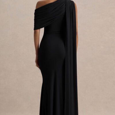 Club L London Zendaya Black Asymmetric-Neck Fishtail Maxi Dress With Sash