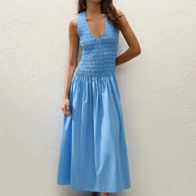 Faithfull The Brand Palomar Midi Dress Mico Pinstripe Azul
