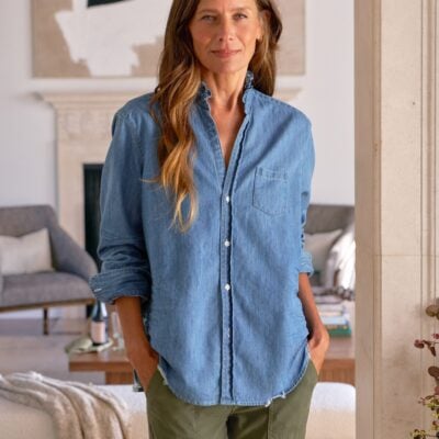 Frank & Eileen Ruffle Collar Button-Up Shirt in Famous Denim