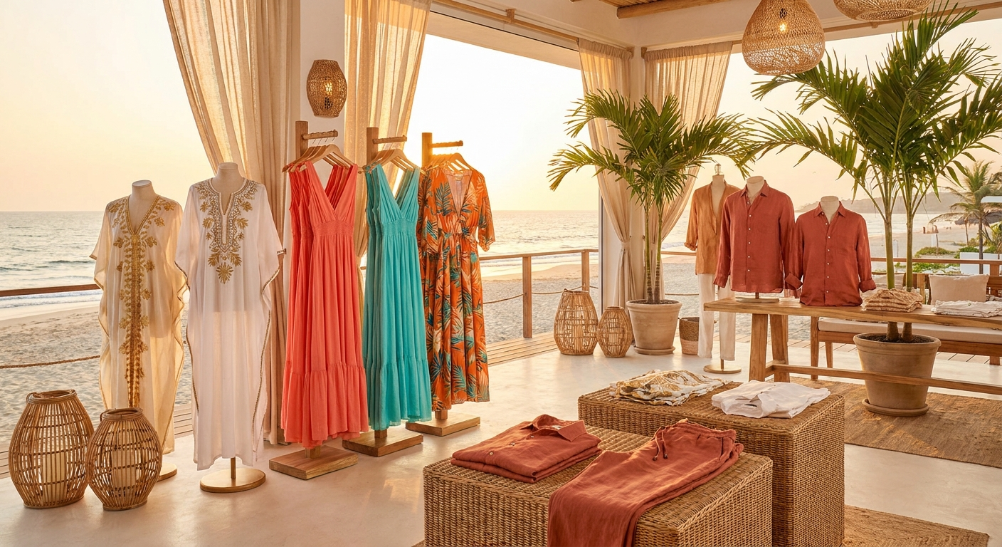 Sea Bird coastal resortwear collection featuring flowing dresses and embroidered kaftans