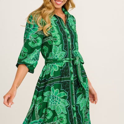 St Frock Aurelina Maxi Shirt Dress in Emerald Floral Print Linen Blend
