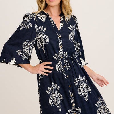 St Frock Bexley Midi Dress in Navy with White Print