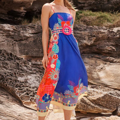 St Frock Daylight Dream Maxi Sundress in Blue with Multi Print Linen Blend