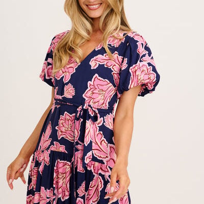 St Frock Dewy Whisper Maxi Dress in Navy with Pink Floral