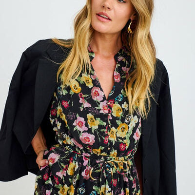 St Frock Executive Ease Maxi Dress in Black with Multi Floral Chiffon