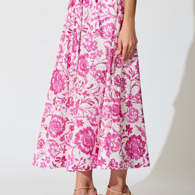St Frock Florabel Maxi Skirt in White with Pink Floral Embroidery