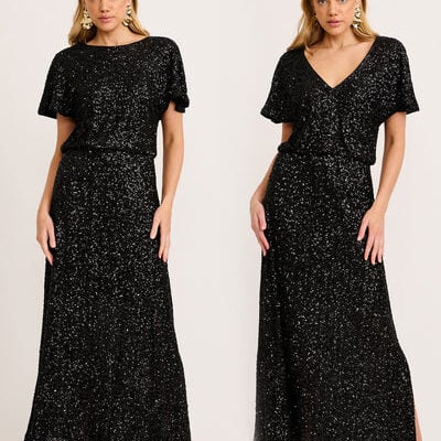 St Frock Glistening Hour Reversible Maxi Dress in Black Sequin