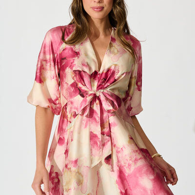 St Frock Iris Belle Maxi Dress in Magenta Watercolour Satin