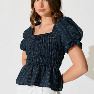 St Frock Layne Shirred Top in Navy with White Stripe