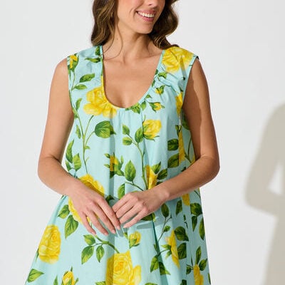 St Frock Lemon Drop Dress in Blue with Lemon Yellow Floral Cotton