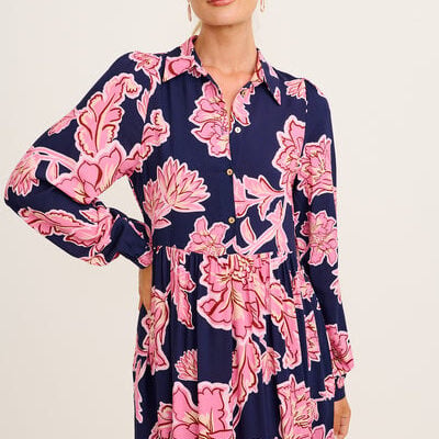 St Frock Luxe League Midi Dress in Navy with Pink Floral