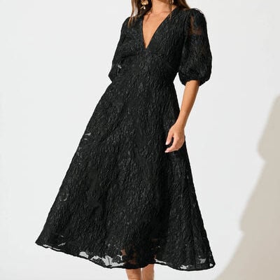 St Frock Opulence Midi Dress In Black Floral Organza Jacquard