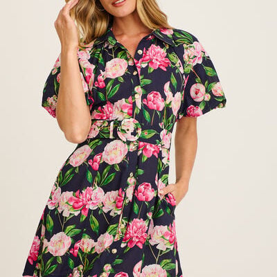 St Frock Poetic Glow Shirt Dress in Navy with Blush Floral Cotton