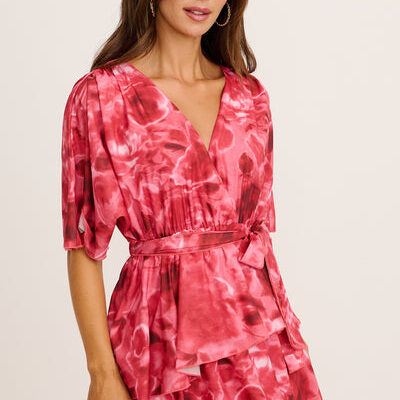 St Frock Polished Piece Midi Dress in Pink Watercolour Chiffon