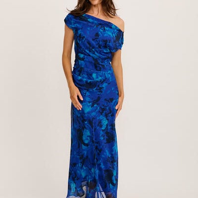 St Frock PRE ORDER Marielle Off Shoulder Maxi Dress in Blue Watercolour Chiffon