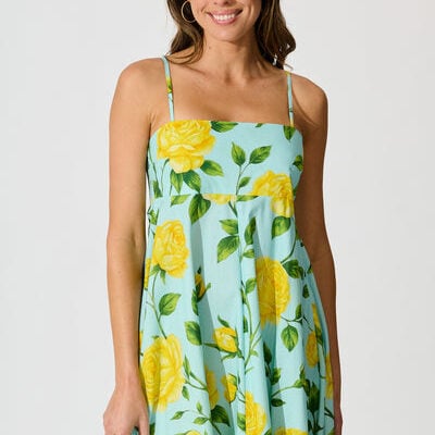 St Frock Ruthie Maxi Sundress in Blue with Lemon Yellow Floral Cotton