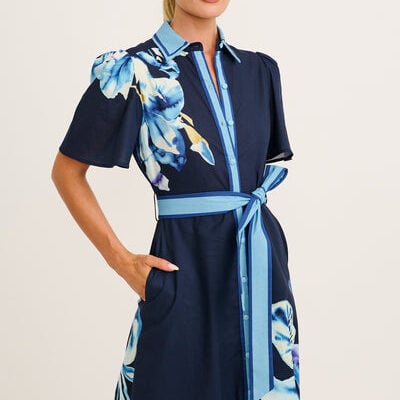 St Frock Scenic Dreams Maxi Shirt Dress in Navy with Blue Floral Cotton