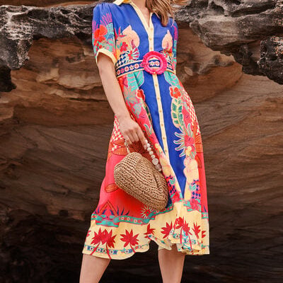 St Frock Sunbeam Maxi Shirt Dress in Blue with Multi Print Linen Blend