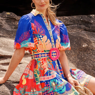 St Frock Tropic Haze Shirt Dress in Blue with Multi Print Linen Blend