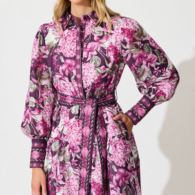 St Frock Verity Maxi Dress in Multi Plum Floral Linen Blend