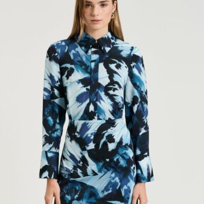 Veronika Maine Blue Papillion Satin Shirtdress