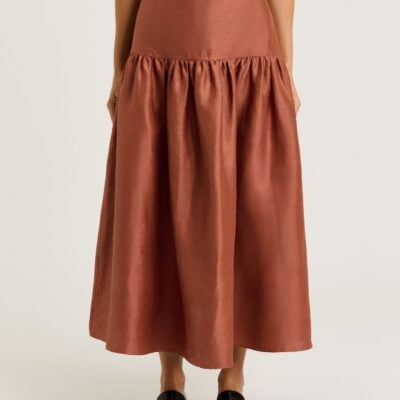 Veronika Maine Linen Viscose Blend Gathered Midi Skirt