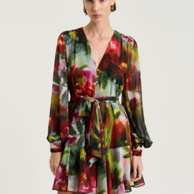 Veronika Maine Painterly Bloom Georgette Mini Dress