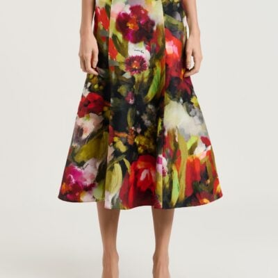 Veronika Maine Painterly Bloom Linen Viscose Fluted Skirt