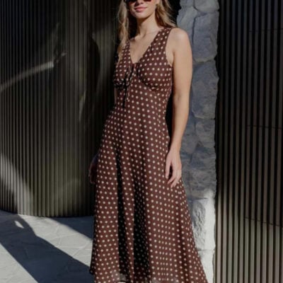 White & Co. Infinity Sleeveless Bias Midi Dress - Chocolate Polka Dot