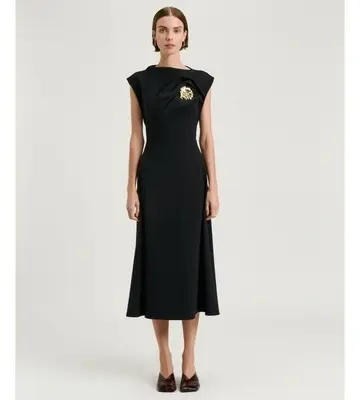 Veronika Maine Stretch Crepe Flower Brooch Midi Dress
