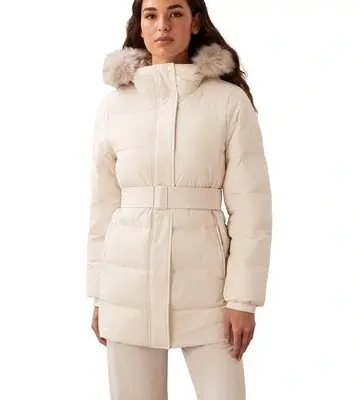 Calvin Klein Women Belted Matte Quilted Jacket with Fur