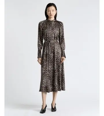 Cue Leopard Viscose Satin Belted Midi Dress