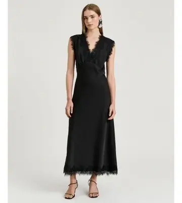 Veronika Maine Washed Satin Lace Trim Midi Dress