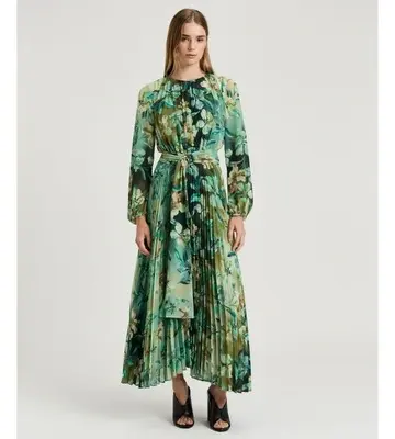 Veronika Maine Opalesque Floral Georgette Pleated Dress