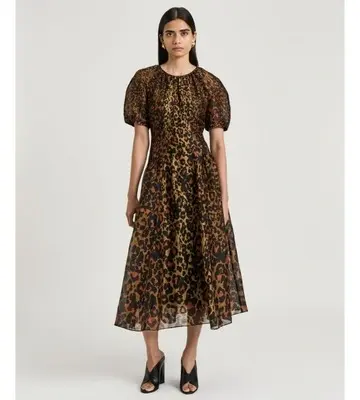 Veronika Maine Leopard Haze Silk Linen Midi Dress