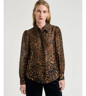 Veronika Maine Leopard Haze Silk Linen Shirt
