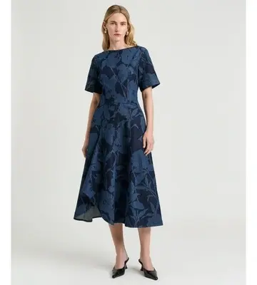 Veronika Maine SHADOW FLORAL DENIM MIDI DRESS