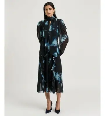 Veronika Maine Dusk Poppies Georgette Midi Dress