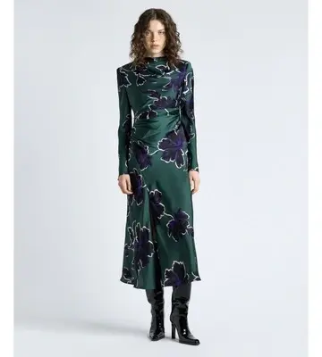 Cue Fern Brushwork Floral Gathered Midi Dress