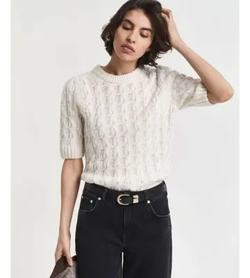Gant Puff Sleeve Cable Knit Short Sleeve Top