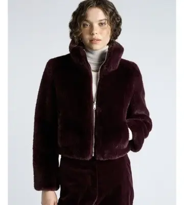 Cue Merlot Faux Fur Cropped Jacket