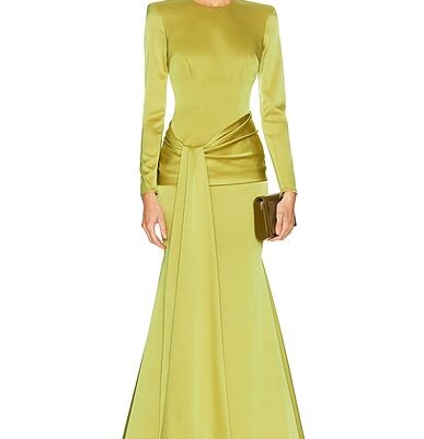 Alex Perry Long Sleeve Drape Sash Gown
